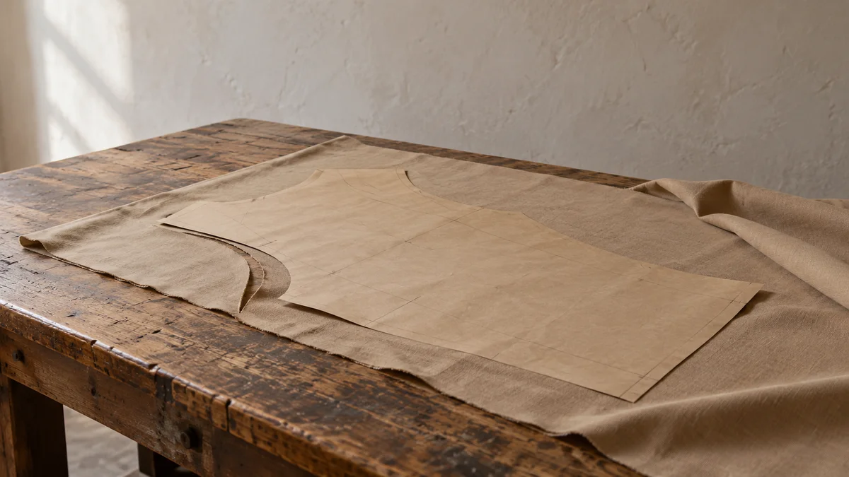 Auf einem abgenutzten Holztisch liegen sandfarbener, entlang einer Rundung teilweise ausgeschnittener Stoff und ein großes Papierschnittmuster mit feinen Konstruktionslinien als Sinnbild für einen festen Ablauf, der den nächsten Schritt vorgibt.