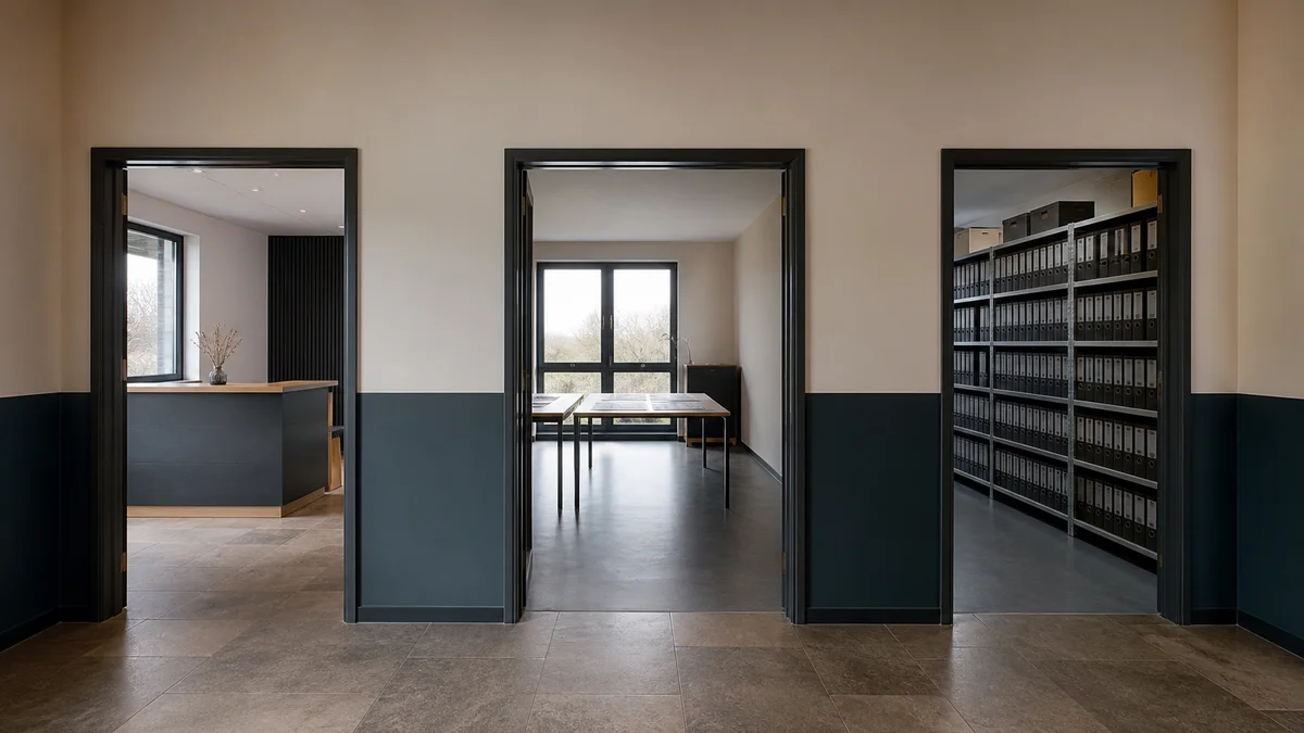 Ein menschenleerer Büroflur verbindet Empfang, Arbeitsraum und Aktenarchiv und veranschaulicht unterschiedliche betriebliche Einsatzbereiche von KI nach Artikel 50.