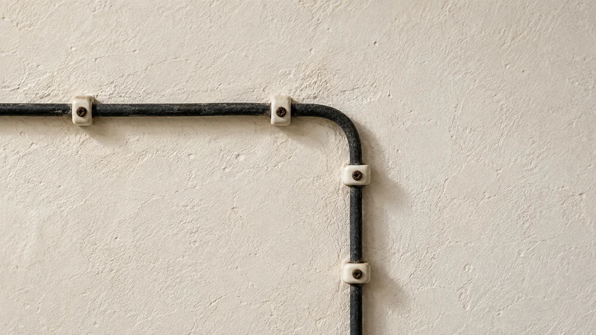 Eine dunkle Leitung verläuft mit hellen Befestigungsschellen auf einer warmweißen Putzwand und biegt rechtwinklig nach unten ab, als Sinnbild für einen festen Ablauf mit einzelnen KI-Schritten.