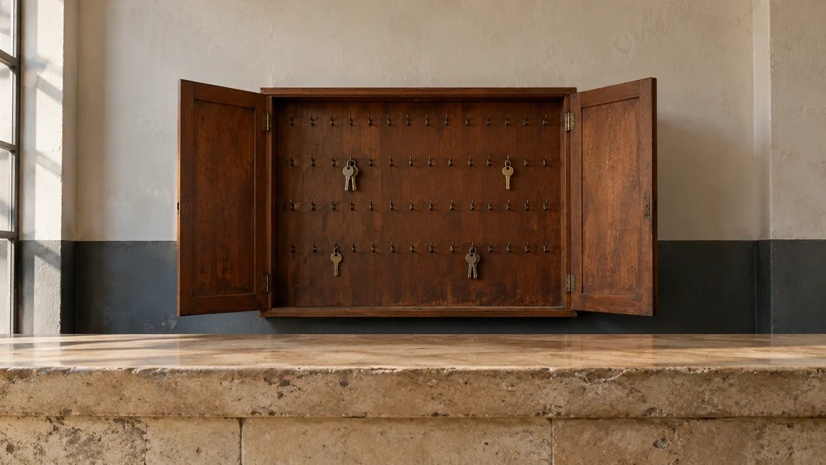Ein offener dunkler Holzschlüsselschrank mit wenigen Schlüsseln und vielen freien Haken hängt hinter einem steinernen Tresen und veranschaulicht die Vergabe begrenzter Rechte an KI-Agenten im Betrieb.