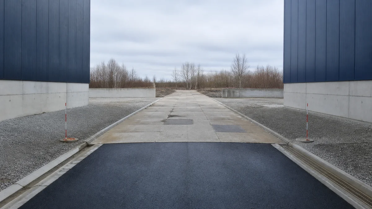 Eine symmetrische Zufahrt zwischen zwei dunklen Gewerbehallen wechselt von neuer Asphaltfläche zu reparierten Betonplatten und verdeutlicht den Übergang vom erfolgreichen KI-Pilotprojekt zum anspruchsvollen Dauerbetrieb.