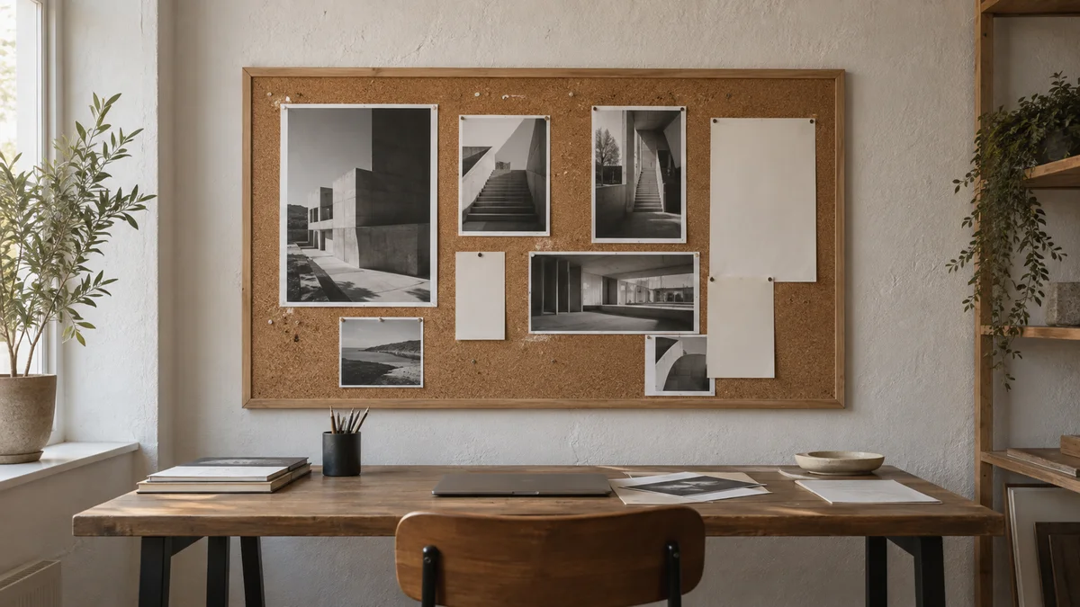 Ein menschenleerer Arbeitsplatz mit Holzschreibtisch, geschlossenem Laptop und Korkpinnwand mit schwarzweißen Architekturaufnahmen und leeren Papierblättern veranschaulicht die redaktionelle Prüfung im Kontext der KI-Kennzeichnung.