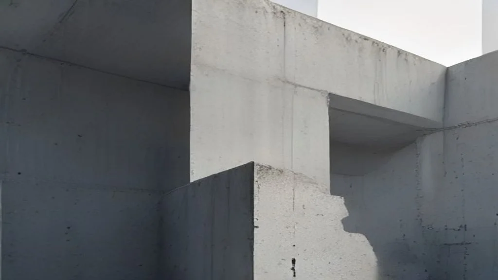 Massive graue Betonwände mit Öffnungen, rechtwinkligen Ebenen und einem unregelmäßig abgebrochenen Rand veranschaulichen die Entscheidung nach einem KI-Pilotprojekt.